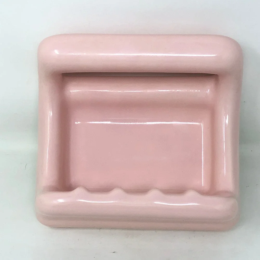 Vintage Mamie Pink Ceramic Wall Tile Soap Dish Cloth Bar Mid Century Retro MCM